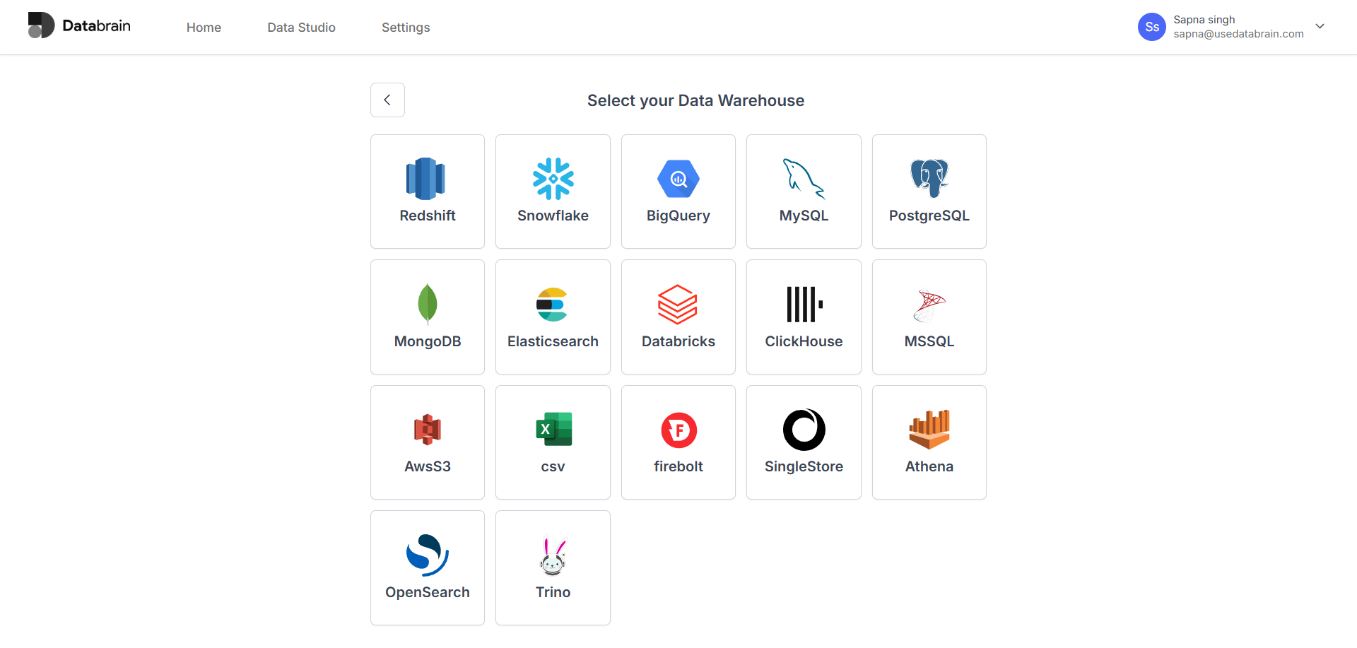 Выбор конне�ктора в Databrain с отображением варианта ClickHouse