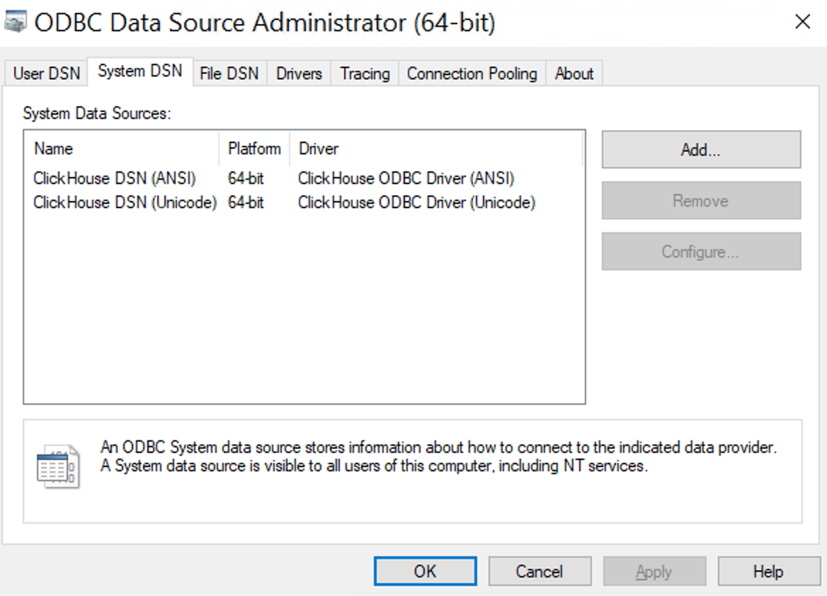 ODBC Data Source Administrator с драйверами ClickHouse на вкладке Drivers